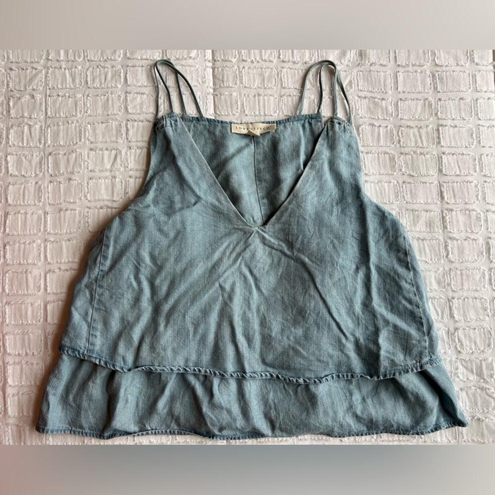 LOVESTITCH Chambray Spaghetti Strap Tiered Top Woman’s Size Small